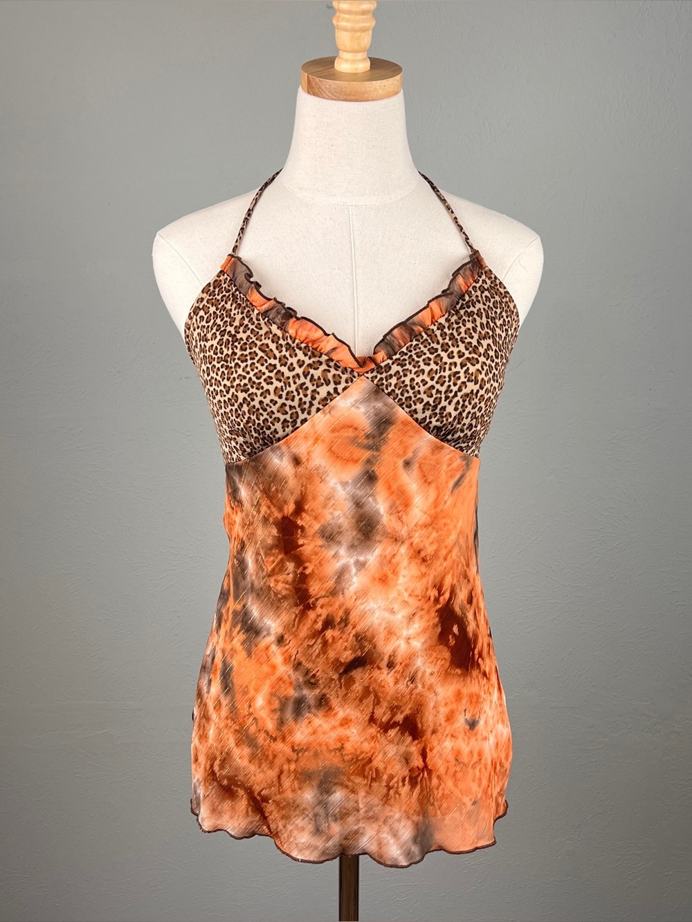 Vintage Y2K Orange and Leopard Print Halter